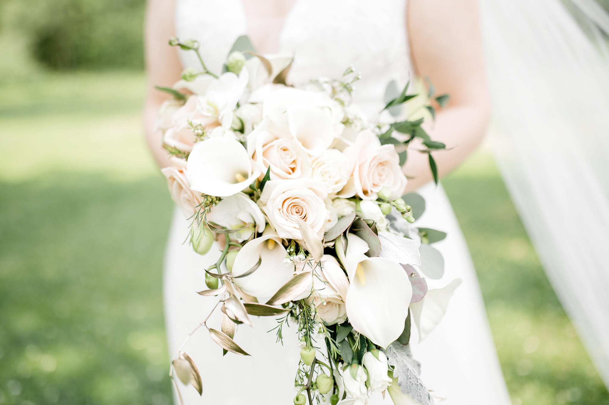Close up photo of Bride holding flowers at waist height